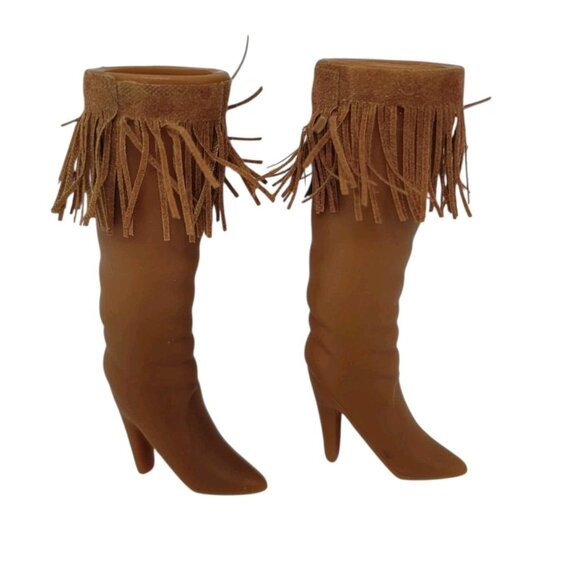 Barbie Boots Heels Faux Leather Suede Fringe Studs Shoes Mid Calf Vintage - Picture 1 of 4
